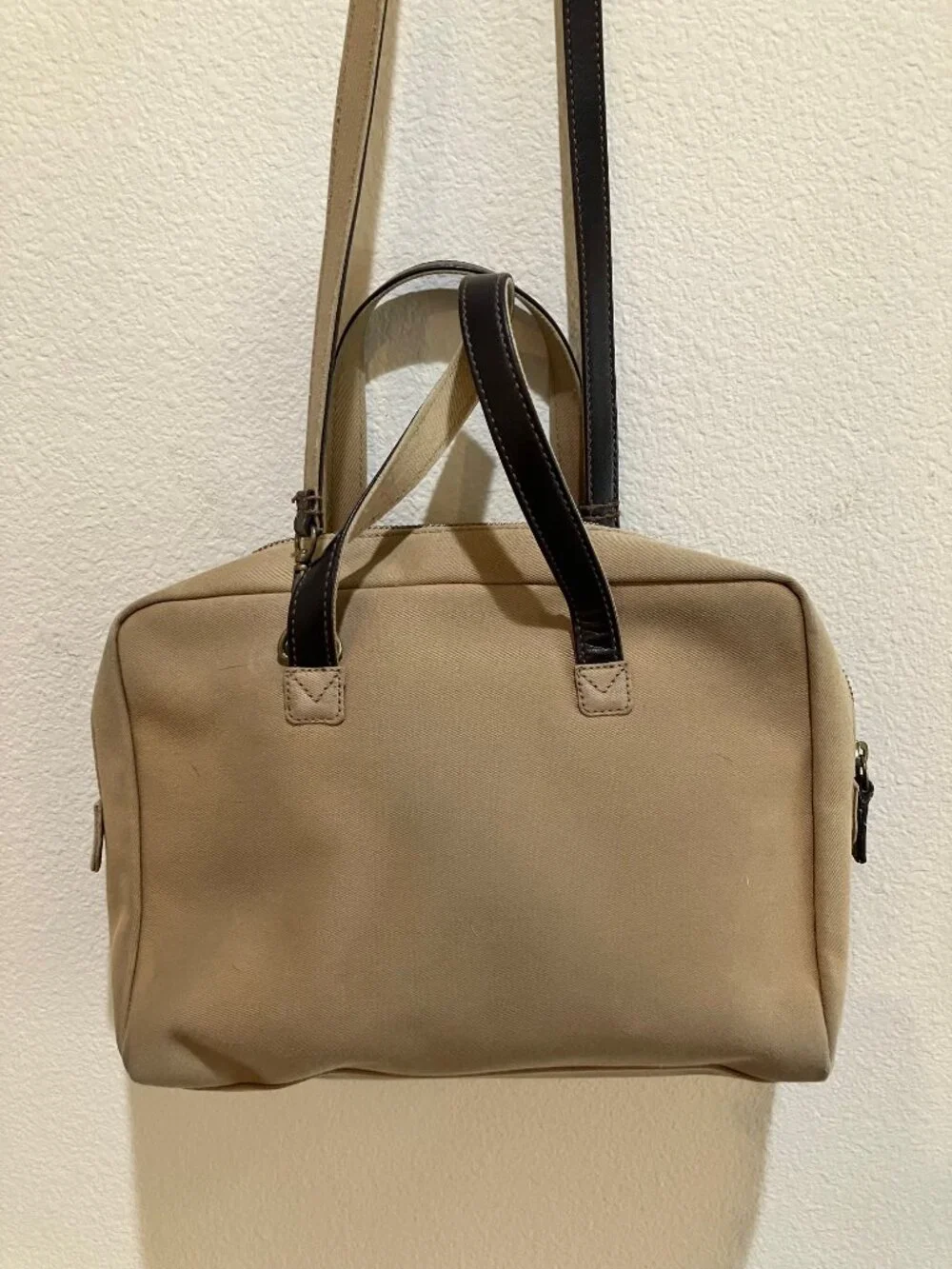 Lauren Ralph Lauren Vintage Canvas Leather Shoulder Satchel Tote Bag Beige Brown
